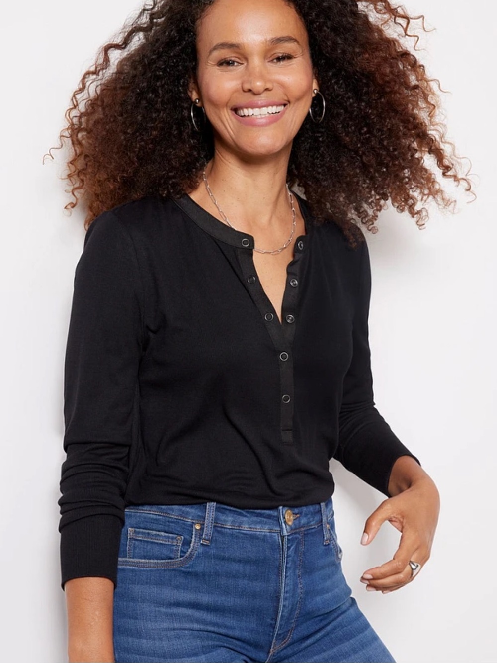 Evereve Bia Sleek Henley Long Sleeve Soft Rib Black Small